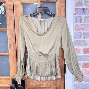 Philosophy Blouse Women's Small‎ Smocked Peplum Olive Green Long Sleeve V Neck